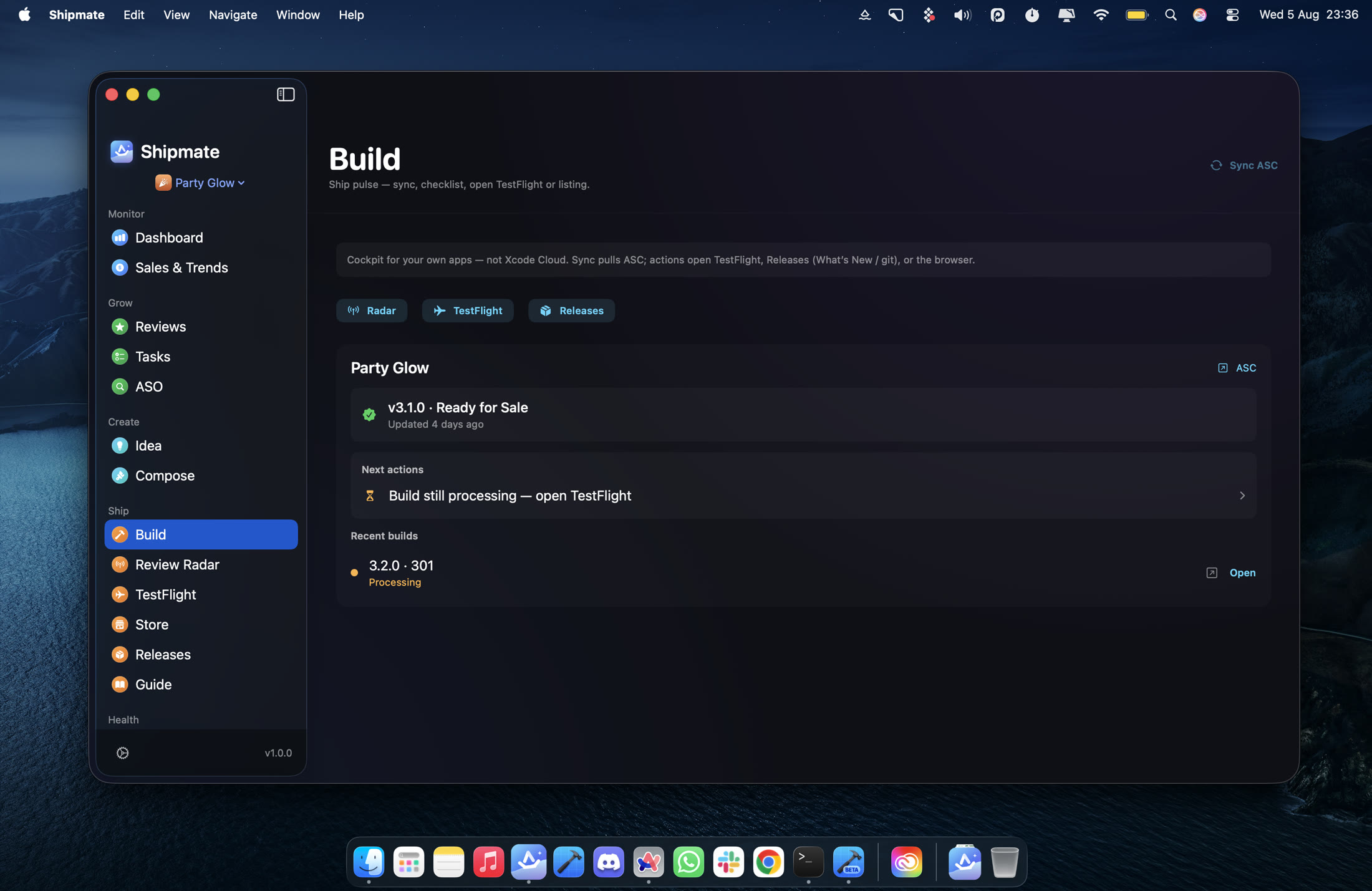 Shipmate Build cockpit — version status and next actions.