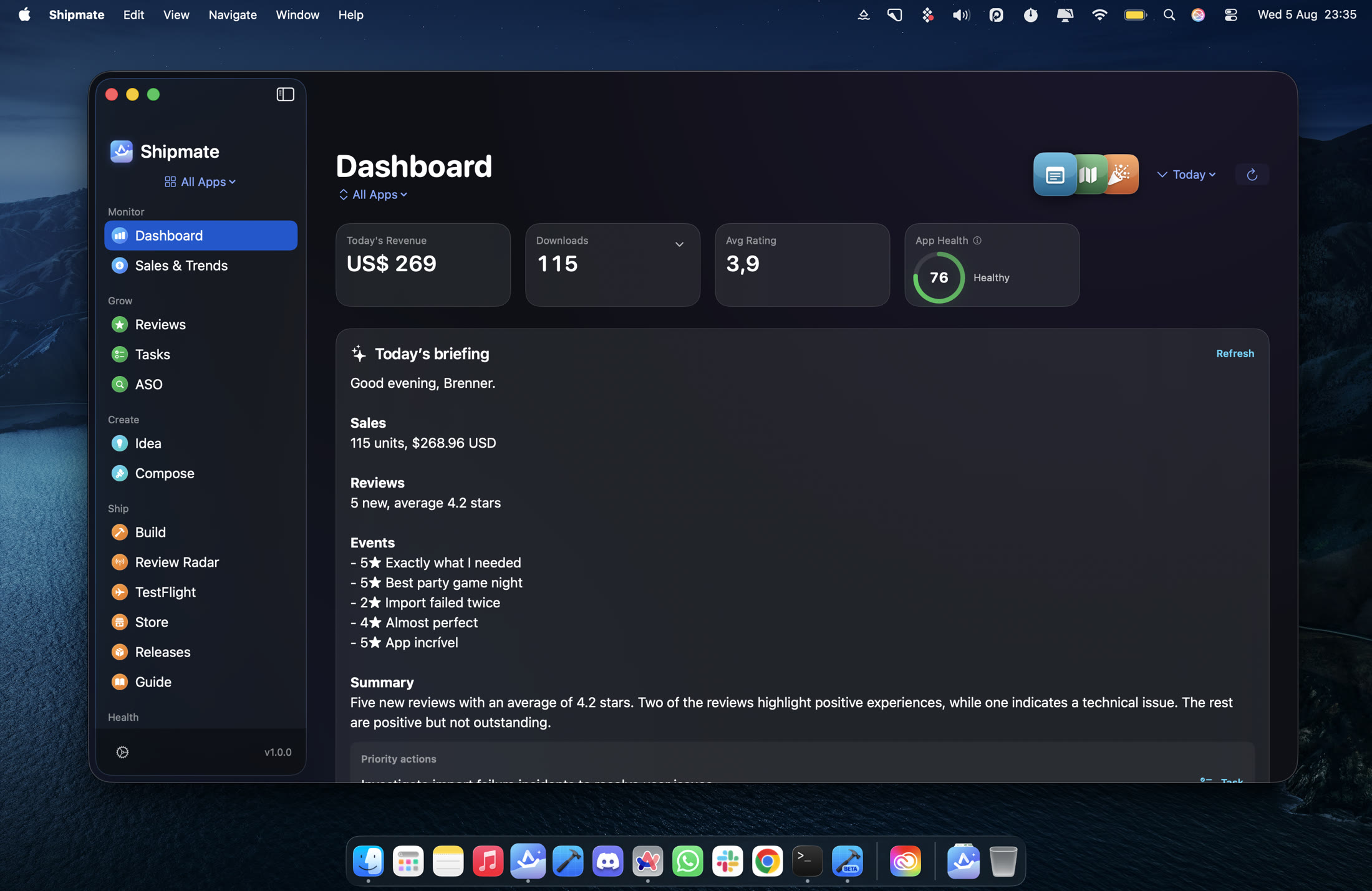 Shipmate dashboard — today’s revenue, downloads, reviews, and briefing.