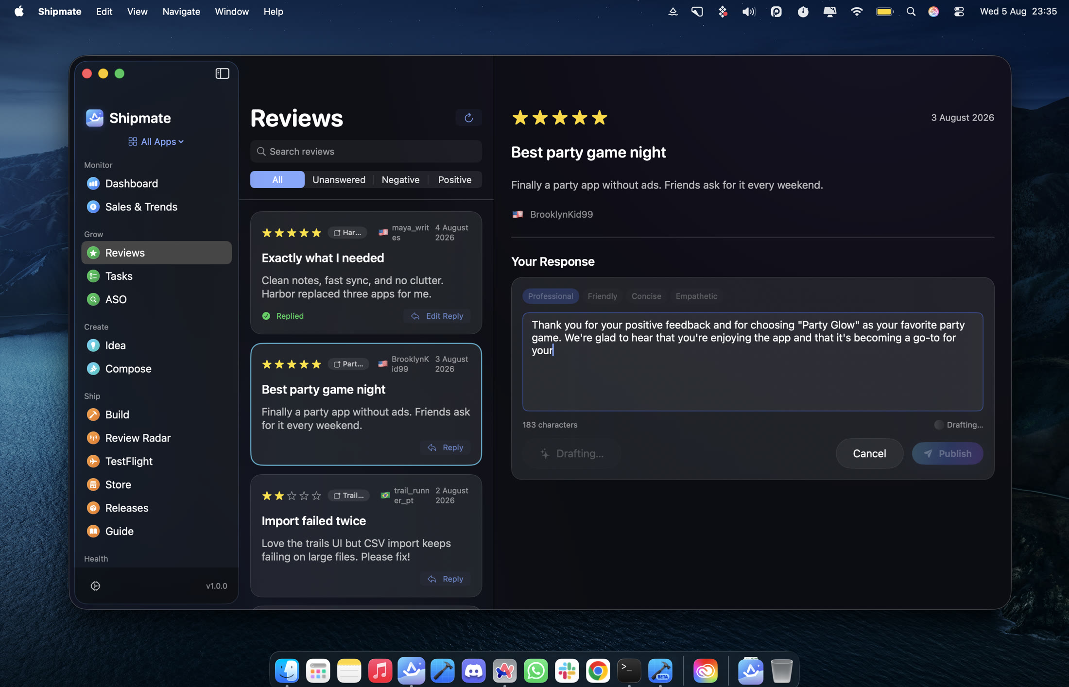 Shipmate Reviews with an on-device AI reply draft.
